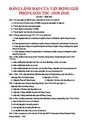 Trắc Nghiệm Lịch sử Đảng lãnh đạo của vận động giải phóng dân tộc (1930-1945)